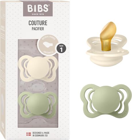 لهايات BIBS - مجموعة الأزياء الراقية | لهاية أطفال خالية من مادة BPA | صنع في الدنمارك | مجموعة من 2 لهايات فاخرة باللون العاجي/حكيم | الحجم 0-6 أشهر in Saudi Arabia