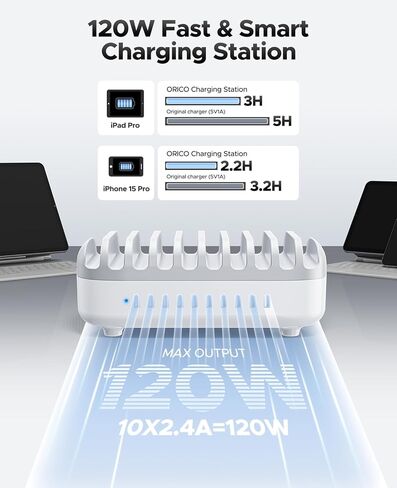 ORICO 120W Charging Station for Multiple Devices, 10-Ports USB Charging Docking Organizer with Cables, Multi USB Charging Station Compatible with iPad, Tablet, Kindle, Airpods and Cell Phone in Kuwait