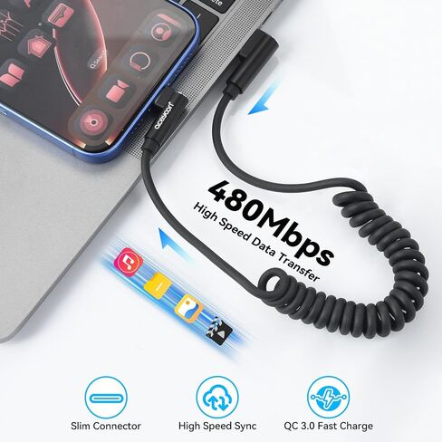 aceyoon [1-2.5ft] USB to USB C Cable, Type C Fast Charging Cable QC 3.0, Coiled Retractable 90 Degree Right Angled, Short Android Auto USB C Charging Cable, (3A 60W) in Saudi Arabia