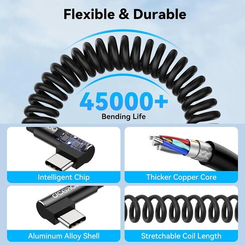 aceyoon [1-2.5ft] USB to USB C Cable, Type C Fast Charging Cable QC 3.0, Coiled Retractable 90 Degree Right Angled, Short Android Auto USB C Charging Cable, (3A 60W) in Saudi Arabia