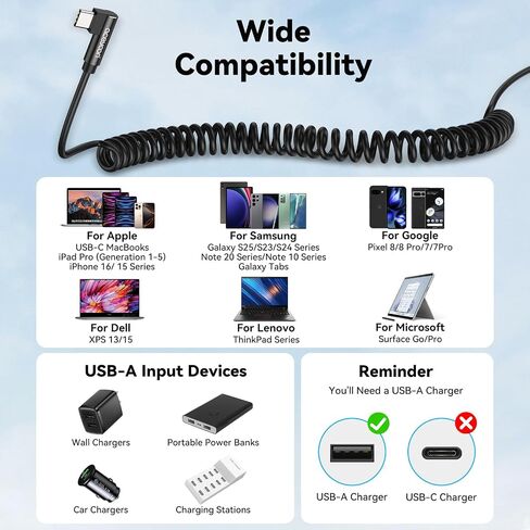 aceyoon [1-2.5ft] USB to USB C Cable, Type C Fast Charging Cable QC 3.0, Coiled Retractable 90 Degree Right Angled, Short Android Auto USB C Charging Cable, (3A 60W) in Saudi Arabia
