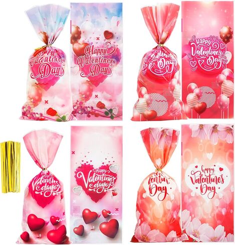 100 Pack Valentine Treat Bags, Valentines Cellophane Treat Bags, Plastic Valentines Goodie Bags Candy Cookie Bakery Heart Clear Gift Bags for Valentine's Day Holiday Wedding Party Favors Supplies in Saudi Arabia