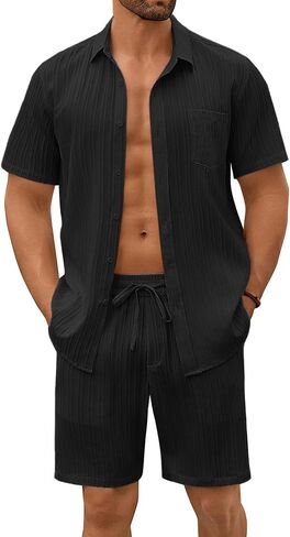 COOFANDY Mens Beach Outfits 2 Piece Sets Casual Short Sleeve Button Down Summer Textured Shirt in Saudi Arabia