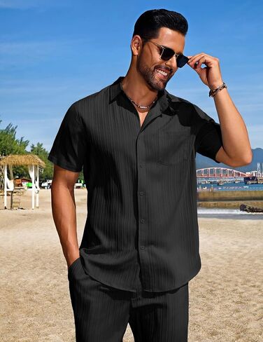 COOFANDY Mens Beach Outfits 2 Piece Sets Casual Short Sleeve Button Down Summer Textured Shirt in Saudi Arabia
