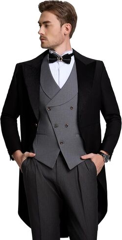 Men's 3 Piece Suit for Groom Men's Wedding Morning Suit with Tailcoat Tuxedo Long Tail Double Breasted Vest Pants in Kuwait