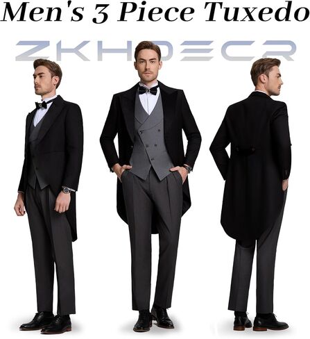 Men's 3 Piece Suit for Groom Men's Wedding Morning Suit with Tailcoat Tuxedo Long Tail Double Breasted Vest Pants in Kuwait