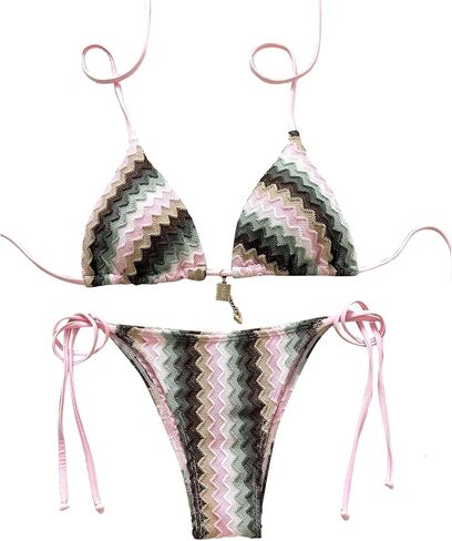 Women's Colorful Striped Halter String Bikini Set 2 Piece Tie Side Triangle Swimsuits Textured Swimwear in Saudi Arabia