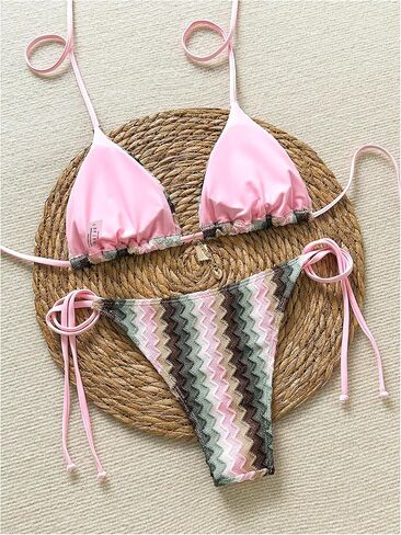 Women's Colorful Striped Halter String Bikini Set 2 Piece Tie Side Triangle Swimsuits Textured Swimwear in Saudi Arabia