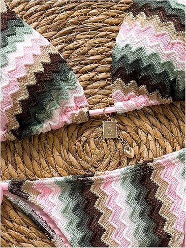 Women's Colorful Striped Halter String Bikini Set 2 Piece Tie Side Triangle Swimsuits Textured Swimwear in Saudi Arabia
