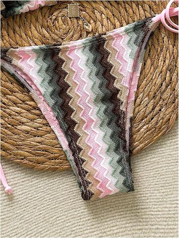 Women's Colorful Striped Halter String Bikini Set 2 Piece Tie Side Triangle Swimsuits Textured Swimwear in Saudi Arabia