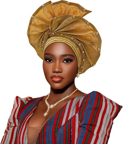 Nigerian headwear for Women African headscar,Auto Gele headband,hand wrap beaded - made for weddings parties events in Saudi Arabia