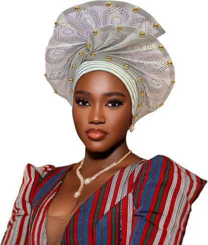 Nigerian headwear for Women African headscar,Auto Gele headband,hand wrap beaded - made for weddings parties events in Saudi Arabia