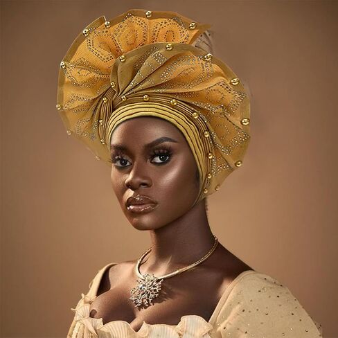 Nigerian headwear for Women African headscar,Auto Gele headband,hand wrap beaded - made for weddings parties events in Saudi Arabia