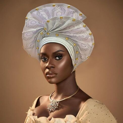 Nigerian headwear for Women African headscar,Auto Gele headband,hand wrap beaded - made for weddings parties events in Saudi Arabia