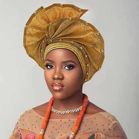 Nigerian headwear for Women African headscar,Auto Gele headband,hand wrap beaded - made for weddings parties events in Saudi Arabia