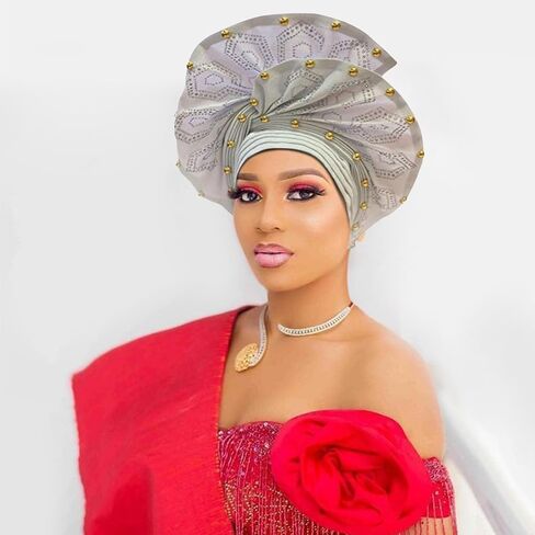 Nigerian headwear for Women African headscar,Auto Gele headband,hand wrap beaded - made for weddings parties events in Saudi Arabia