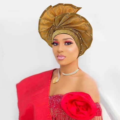 Nigerian headwear for Women African headscar,Auto Gele headband,hand wrap beaded - made for weddings parties events in Saudi Arabia