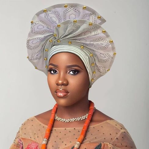 Nigerian headwear for Women African headscar,Auto Gele headband,hand wrap beaded - made for weddings parties events in Saudi Arabia