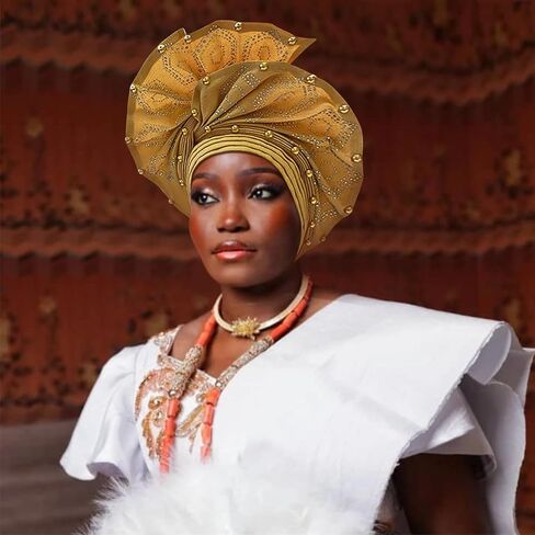 Nigerian headwear for Women African headscar,Auto Gele headband,hand wrap beaded - made for weddings parties events in Saudi Arabia