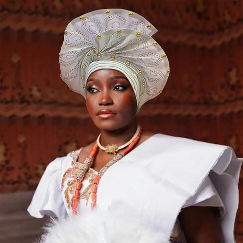 Nigerian headwear for Women African headscar,Auto Gele headband,hand wrap beaded - made for weddings parties events in Saudi Arabia