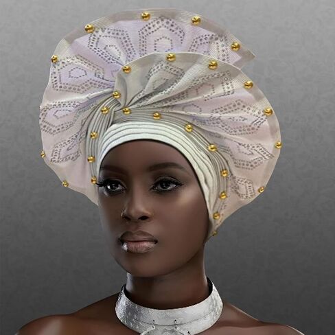 Nigerian headwear for Women African headscar,Auto Gele headband,hand wrap beaded - made for weddings parties events in Saudi Arabia