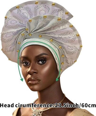 Nigerian headwear for Women African headscar,Auto Gele headband,hand wrap beaded - made for weddings parties events in Saudi Arabia