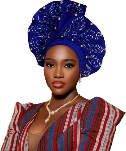 Nigerian headwear for Women African headscar,Auto Gele headband,hand wrap beaded - made for weddings parties events in Saudi Arabia