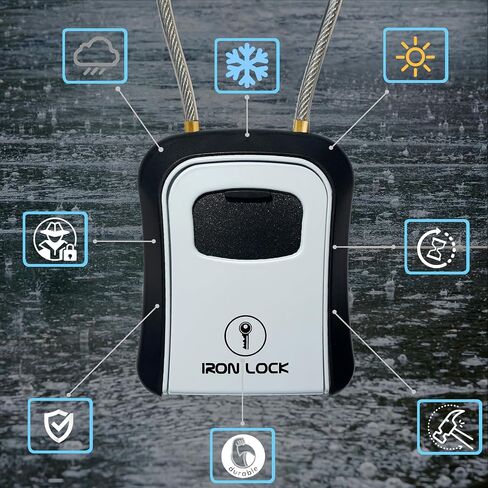 Iron Lock® - صندوق قفل المفاتيح قابل للنقل مع كابل قابل للإزالة، داخلي وخارجي، مقاوم للماء، مجموعة مكونة من 4 أرقام مع رمز قابل لإعادة الضبط مع صندوق قفل مفتاح A B للمفاتيح الاحتياطية الخارجية للوسطاء العقاريين in Kuwait