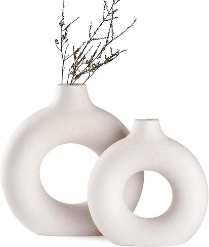 White Ceramic Donut Vase Set of 2, Hollow Matte Pampas Flower Vases for Boho Home Wedding Party Room Dinner Table Shelf Decor.（White） in Saudi Arabia
