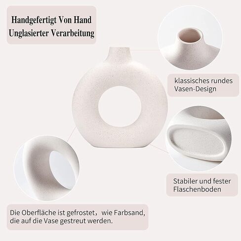 White Ceramic Donut Vase Set of 2, Hollow Matte Pampas Flower Vases for Boho Home Wedding Party Room Dinner Table Shelf Decor.（White） in Saudi Arabia