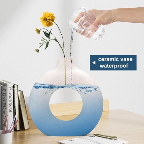 White Ceramic Donut Vase Set of 2, Hollow Matte Pampas Flower Vases for Boho Home Wedding Party Room Dinner Table Shelf Decor.（White） in Saudi Arabia