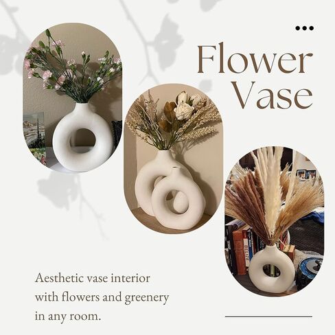 White Ceramic Donut Vase Set of 2, Hollow Matte Pampas Flower Vases for Boho Home Wedding Party Room Dinner Table Shelf Decor.（White） in Saudi Arabia