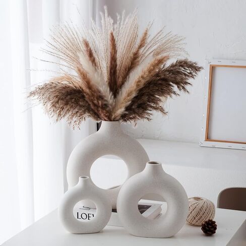 White Ceramic Donut Vase Set of 2, Hollow Matte Pampas Flower Vases for Boho Home Wedding Party Room Dinner Table Shelf Decor.（White） in Saudi Arabia