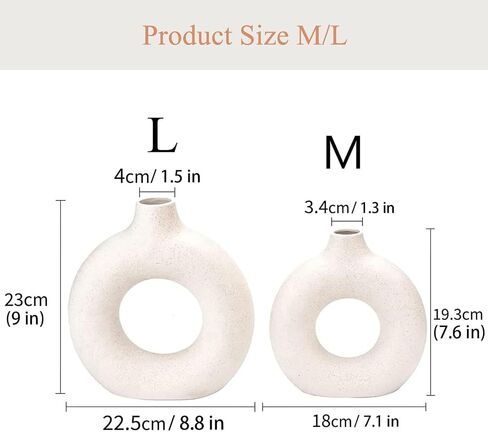 White Ceramic Donut Vase Set of 2, Hollow Matte Pampas Flower Vases for Boho Home Wedding Party Room Dinner Table Shelf Decor.（White） in Saudi Arabia