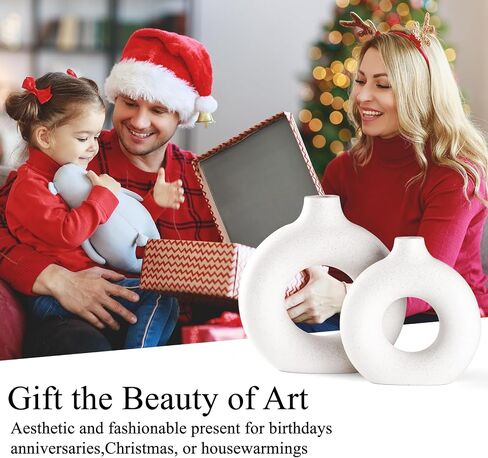 White Ceramic Donut Vase Set of 2, Hollow Matte Pampas Flower Vases for Boho Home Wedding Party Room Dinner Table Shelf Decor.（White） in Saudi Arabia