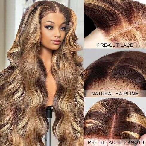 Ombre Lace Front Wig Human Hair 30 Inch Highlight Glueless Wigs Pre Plucked Pre Cut 7x5 Lace Blonde Highlight Wig Human Hair Glueless Wear And Go 200% Density 4/27 Ombre Wig For Women in Saudi Arabia