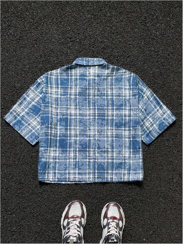 Verdusa Men's Hip Hop Colorblock Plaid Button Down Shirts Drop Shoulder Loose Tops Streetwear in Saudi Arabia