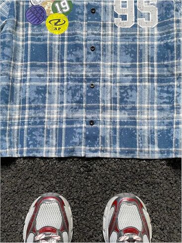 Verdusa Men's Hip Hop Colorblock Plaid Button Down Shirts Drop Shoulder Loose Tops Streetwear in Saudi Arabia