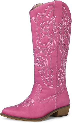 mysoft Women's Cowboy Boots Mid Calf Cowgirl Boots Embroidered Western Pointed Toe Chunky Heel Pull On Knee High Boots in Saudi Arabia