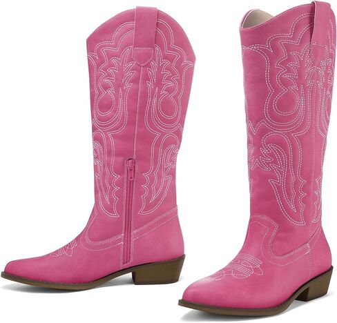 mysoft Women's Cowboy Boots Mid Calf Cowgirl Boots Embroidered Western Pointed Toe Chunky Heel Pull On Knee High Boots in Saudi Arabia