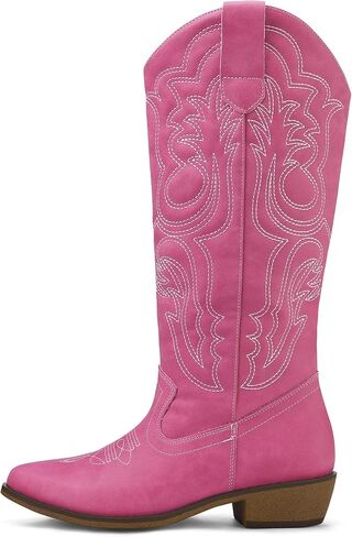mysoft Women's Cowboy Boots Mid Calf Cowgirl Boots Embroidered Western Pointed Toe Chunky Heel Pull On Knee High Boots in Saudi Arabia