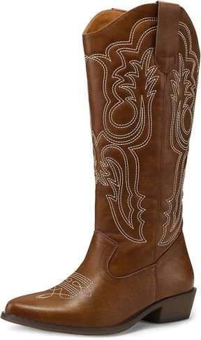 mysoft Women's Cowboy Boots Mid Calf Cowgirl Boots Embroidered Western Pointed Toe Chunky Heel Pull On Knee High Boots in Saudi Arabia