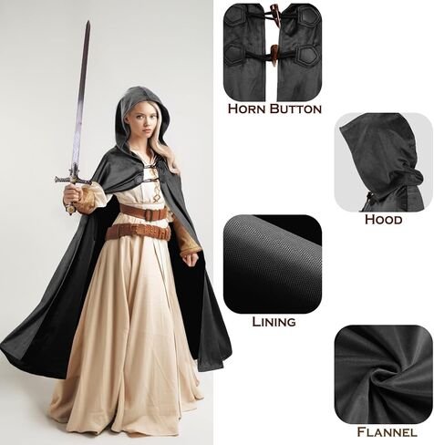 Unisex Medieval Hooded Cloak with Lining & Horn Button, Renaissance Viking Cape Robe for Halloween Costume Cosplay in Saudi Arabia