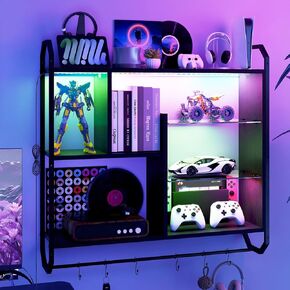 ELECWISH Gaming Floating Shelves for Wall, 34" LED Wood Pipe Shelf with Adjustable Glass Shelf, Display Bookshelf Shelf with 6 S-Hook for Living Room Kitchen Coffee Bar Black in Saudi Arabia