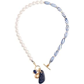 Blue Azure Ceramic and White Glass Pearl Bead Brass Dangle Drop Charm Necklace with Adjustable Extender in Kuwait