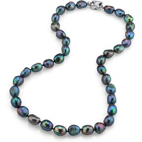 The Pearl Source Sterling Silver 9-10mm AAA Quality Baroque Black Freshwater Cultured Pearl Necklace for Women in 16" Choker Length in Saudi Arabia