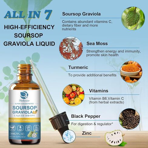 (2 Pack) Soursop Graviola Leaf Extract Liquid Drop Plus Pure Botanical Sea Moss for for Cell Support & Regeneration, Immunity, Zzz & Antioxidant - Soursop Bitters Liquid, Pineapple Flavor,1 Fl Oz in Kuwait