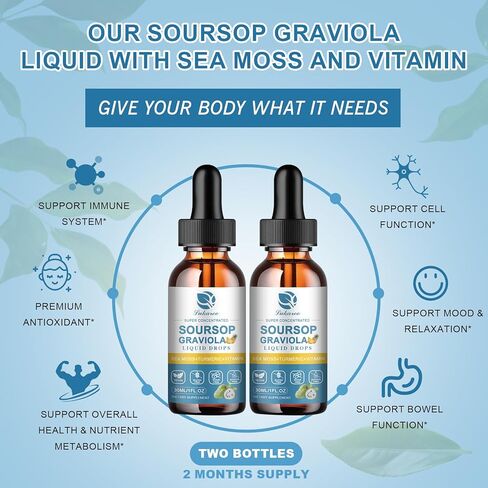 (2 Pack) Soursop Graviola Leaf Extract Liquid Drop Plus Pure Botanical Sea Moss for for Cell Support & Regeneration, Immunity, Zzz & Antioxidant - Soursop Bitters Liquid, Pineapple Flavor,1 Fl Oz in Kuwait