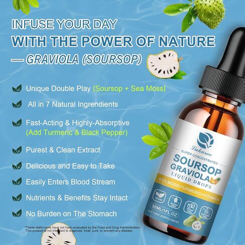 (2 Pack) Soursop Graviola Leaf Extract Liquid Drop Plus Pure Botanical Sea Moss for for Cell Support & Regeneration, Immunity, Zzz & Antioxidant - Soursop Bitters Liquid, Pineapple Flavor,1 Fl Oz in Kuwait