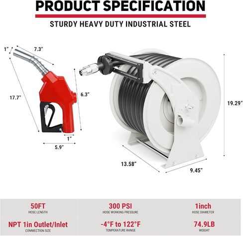 Retractable Fuel Hose Reel, 3/4" x 33FT Diesel Hose with Fueling Nozzle, 300 PSI Auto Rewind Swivel Reel for Fuel Tank, Truck, Trailer, Farm and Marine Equipment, Silver in Saudi Arabia